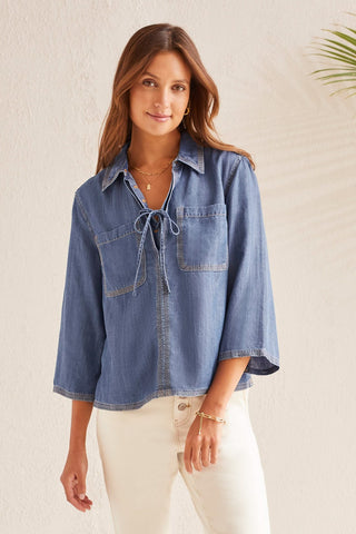 alt view 2 - ELBOW SLEEVE BLOUSE WITH LACE-UP DETAIL-Dk. chambray