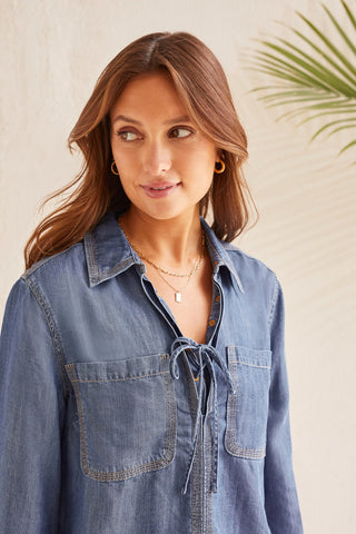 alt view 3 - ELBOW SLEEVE BLOUSE WITH LACE-UP DETAIL-Dk. chambray