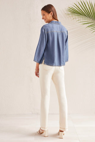 alt view 4 - ELBOW SLEEVE BLOUSE WITH LACE-UP DETAIL-Dk. chambray