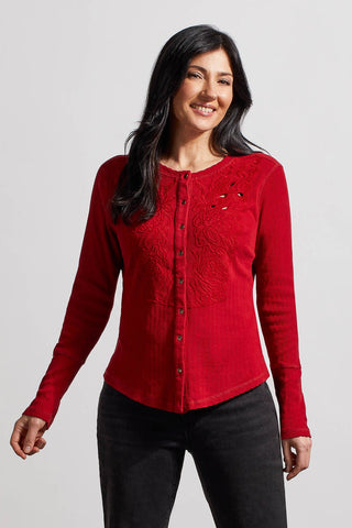 EMBROIDERED BUTTON-UP TOP-Earth red