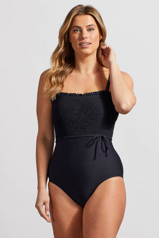 FLATTEN IT® TUMMY CONTROL ONE-PIECE SWIMSUIT WITH SMOCKED DETAILS-Black