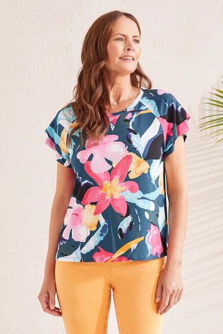 alt view 1 - FLORAL CREW NECK TOP WITH RUFFLE SLEEVES-Lagoonmist