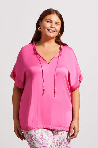 alt view 1 - FLOWY NOTCH NECK TOP WITH PLEATING-Hi pink