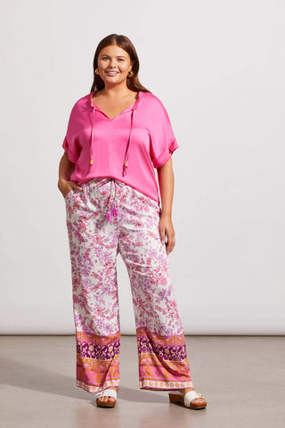 alt view 2 - FLOWY NOTCH NECK TOP WITH PLEATING-Hi pink