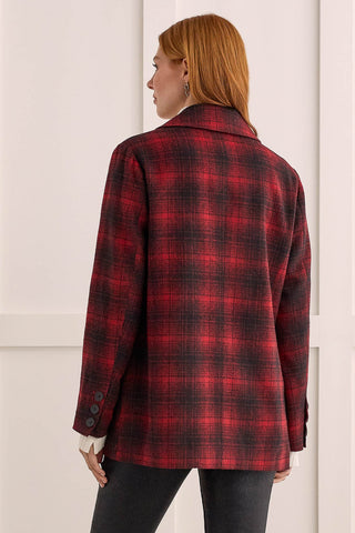 PLAID LAPEL COLLAR JACKET-Earth red