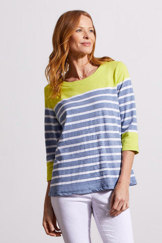 alt view 1 - PRINTED COTTON BOATNECK TOP WITH COLOR BLOCK-Lime