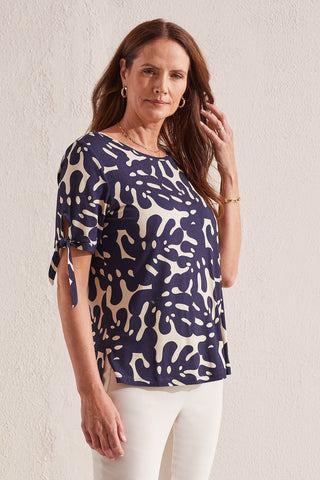 alt view 1 - PRINTED CREW NECK TOP WITH SHORT SLEEVE TIES-Jet blue