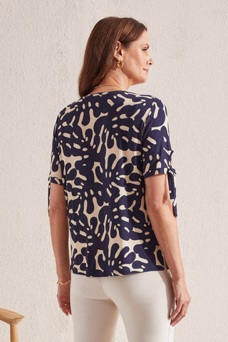 alt view 4 - PRINTED CREW NECK TOP WITH SHORT SLEEVE TIES-Jet blue