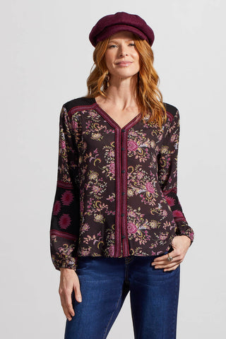 PRINTED CRINKLE BUTTON-UP BLOUSE-Black