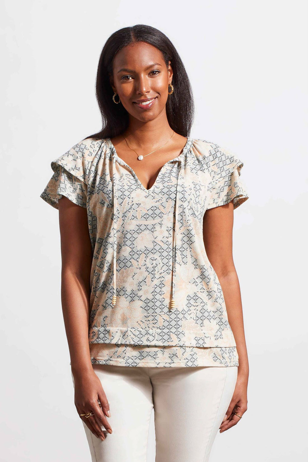 PRINTED PEASANT TOP WITH DOUBLE-FRILL SLEEVES-Peach sun – Tribal® Fashion