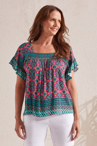 alt view 1 - PRINTED SQUARE NECK BLOUSE WITH PICO STITCHING-Atlantic