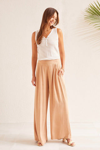alt view 1 - PULL-ON LINEN BLEND FLOWY PANTS WITH POCKETS-Caramel