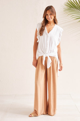 alt view 2 - PULL-ON LINEN BLEND FLOWY PANTS WITH POCKETS-Caramel