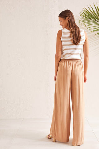 alt view 4 - PULL-ON LINEN BLEND FLOWY PANTS WITH POCKETS-Caramel