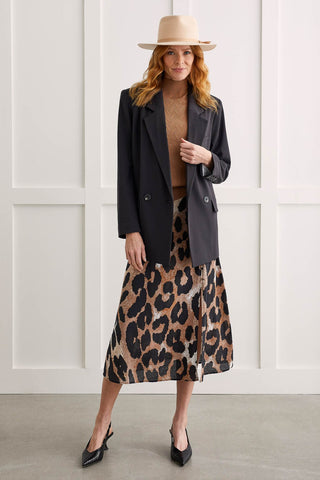 PULL-ON LEOPARD PRINT SKIRT WITH BUTTONS-Cinnamon