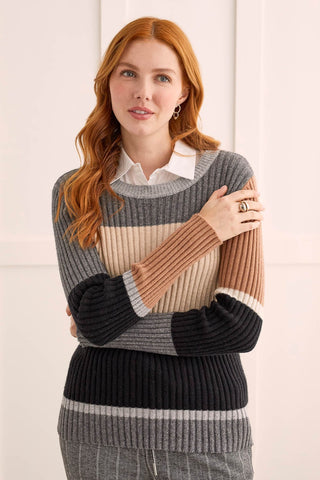 RIBBED COLOR BLOCK CREW NECK SWEATER-Charcoal