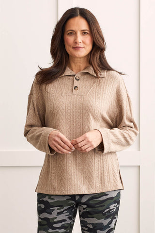 SOFT KNIT FUNNEL NECK TOP WITH BUTTONS-Cinnamon