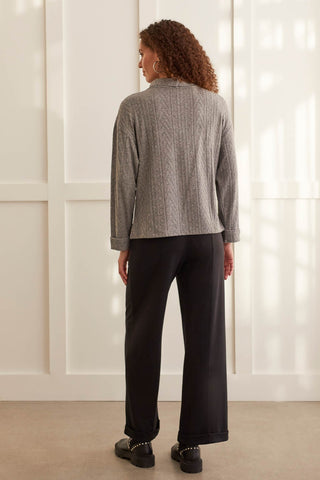 SOFT KNIT FUNNEL NECK TOP WITH BUTTONS-Grey mix