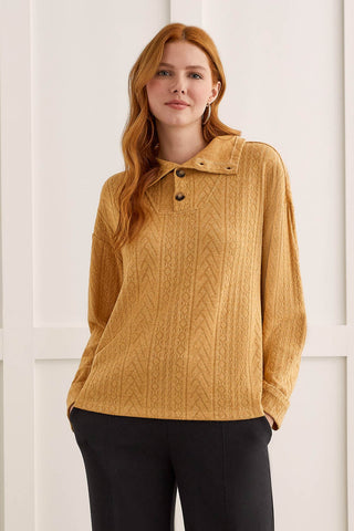 SOFT KNIT FUNNEL NECK TOP WITH BUTTONS-Marigold