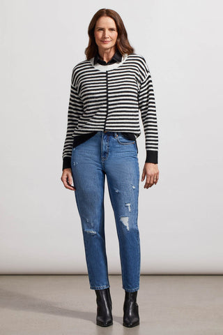 STRIPED CREW NECK SWEATER WITH SIDE SLITS-Black