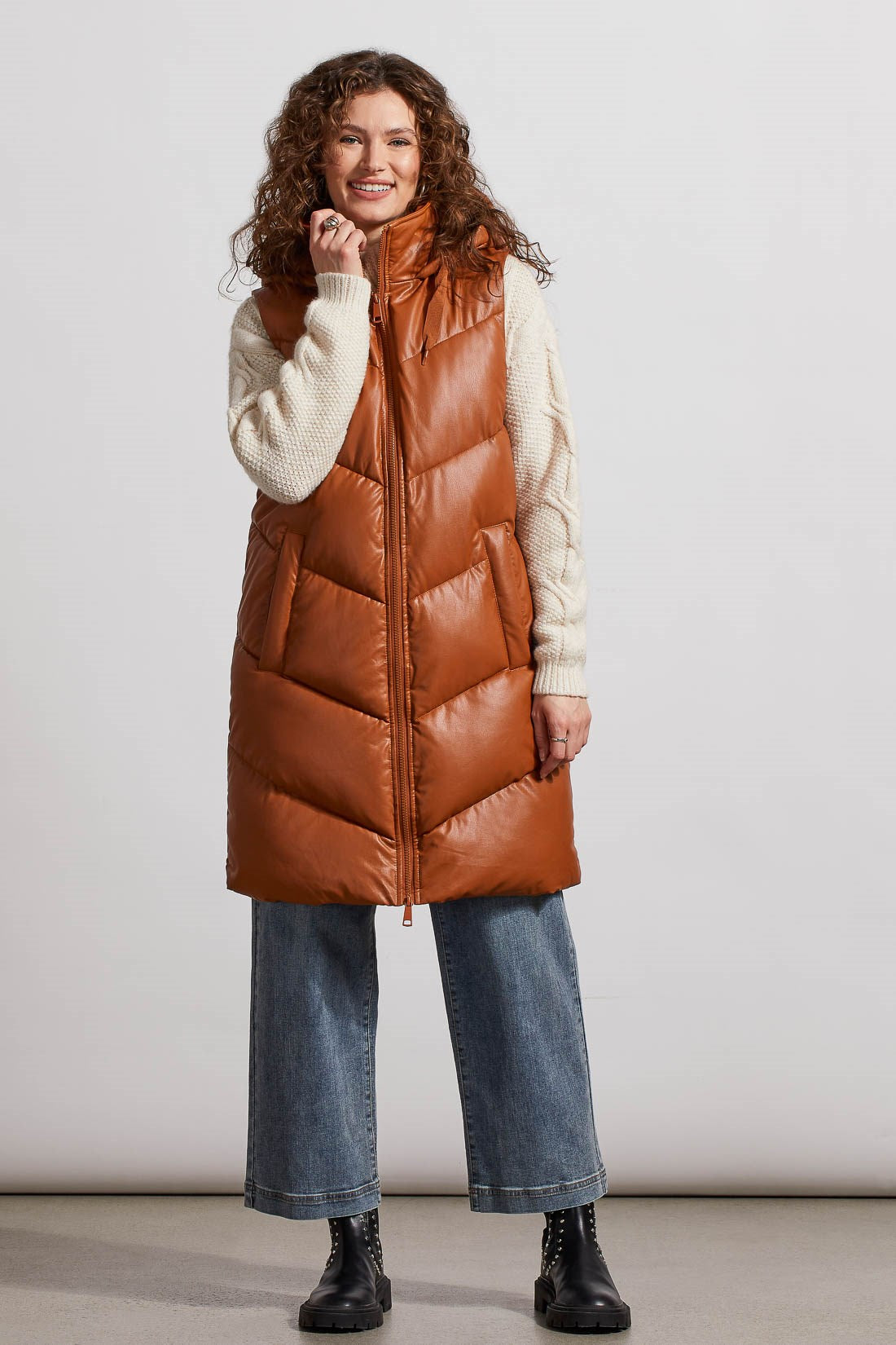 VEGAN LEATHER HOODED PUFFER VEST-Mocha