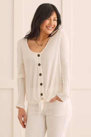 WAFFLE KNIT KNOT-HEM TOP WITH BUTTONS-Cream